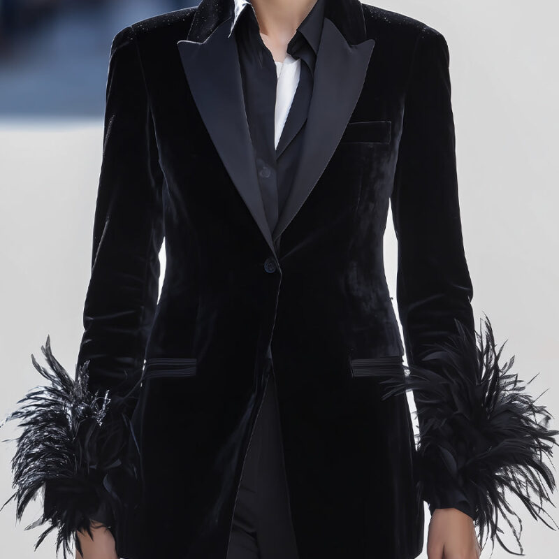 Black Velvet Blazer With Feather Cuff Detail