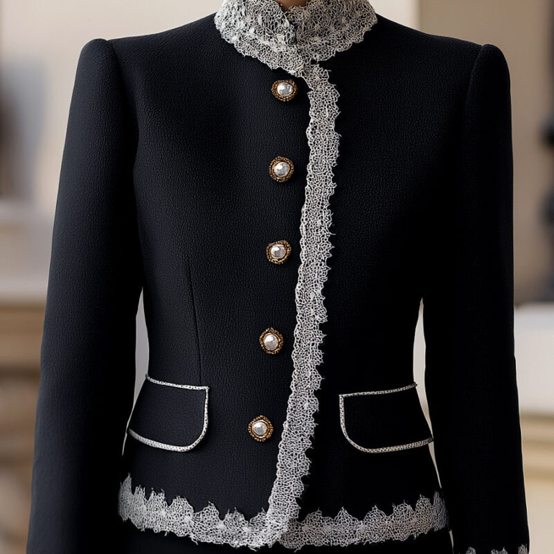 Elegant Pearl Button Blazer With Contrast Lace Trim