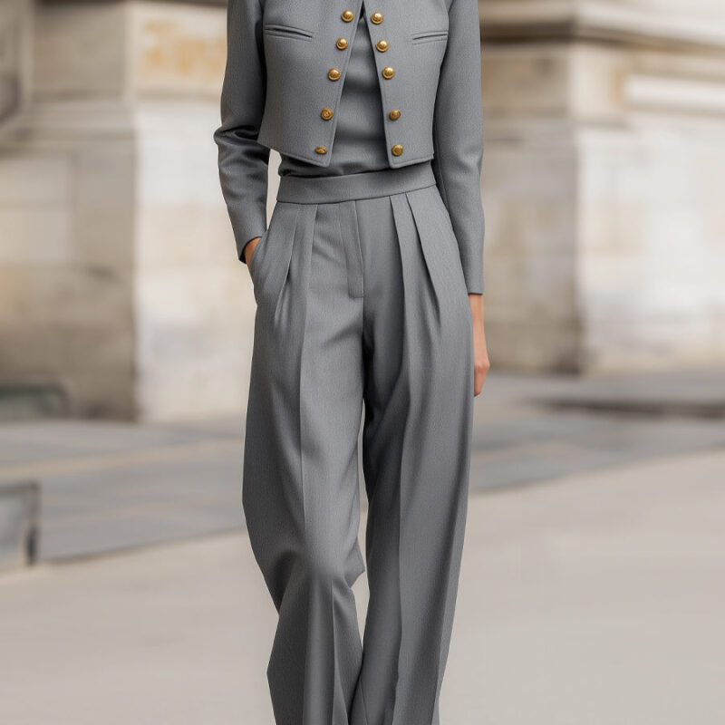 Cropped Jacket And Pleated Trousers Set With Decorative Buttons
