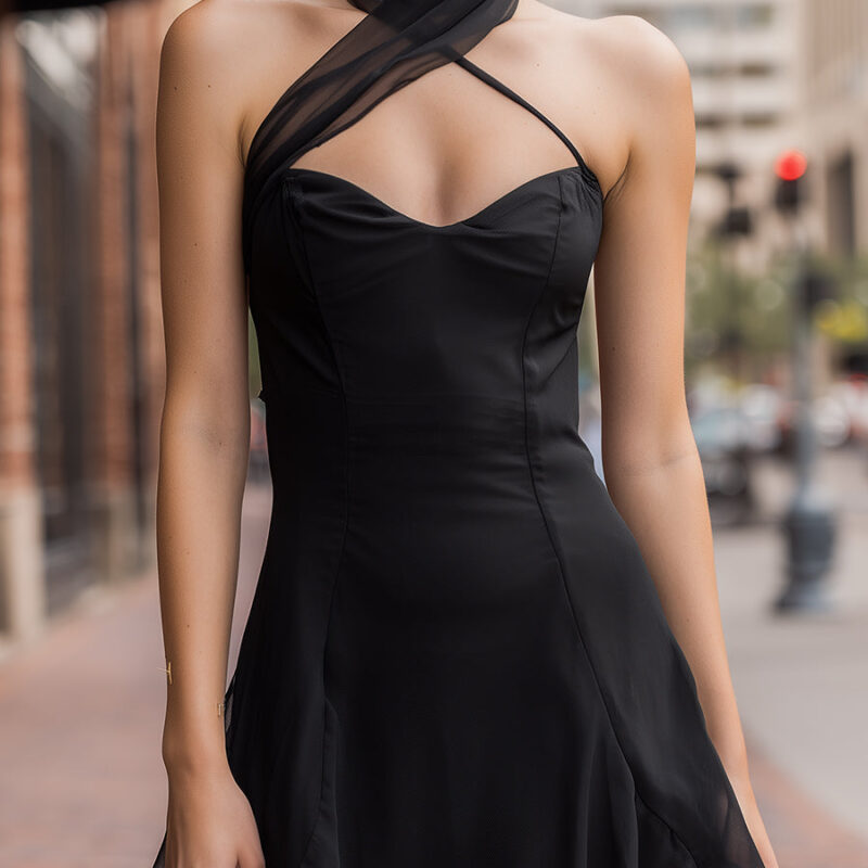 Black Chiffon Halter Mini Dress With Sheer Scarf Detail